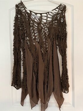 Banana USA Boho Crochet Macrame Tunic Top Brown Gauze Fringe Lagenlook Festival